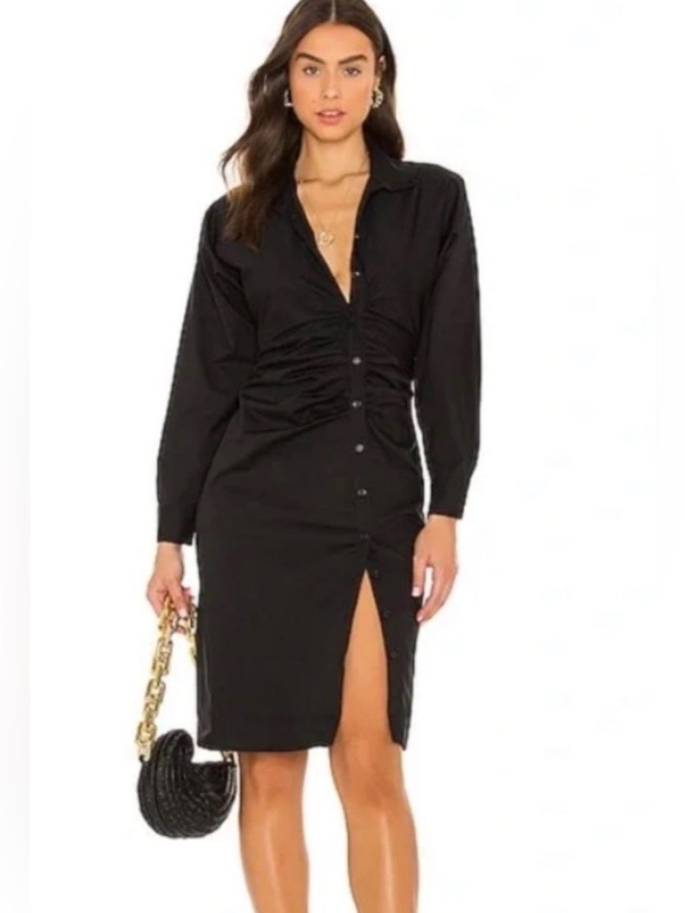 LPA Chantal Dress Black Ruched Poplin Shirt Dress Made In Italy Medium NWT